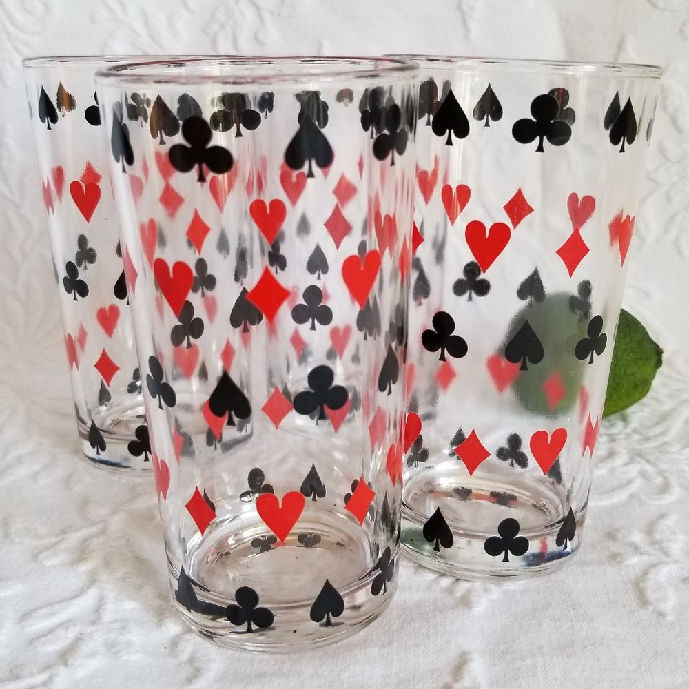 Vintage Set of 4 Glass Tumblers Playing Card Suits Cocktail Glasses